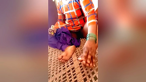 Indian chick has her feet and hairy pussy ready for you