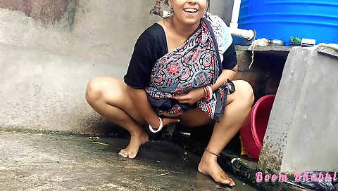 Hot brunette girl doing solo outdoors in the open air