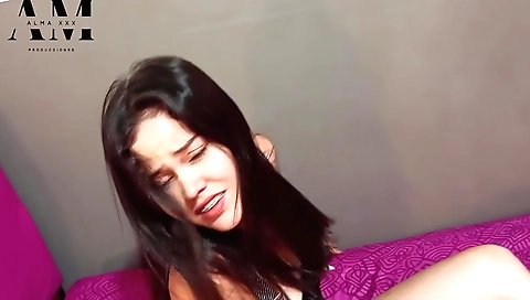 Brunette girl in stockings and stockings masturbates