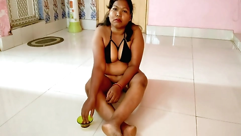 Red dress brunette takes off and enjoys her sexy body